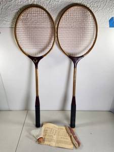 lot 258 image: Vintage Badminton Rackets Pair with Instructions and Shuttlecocks