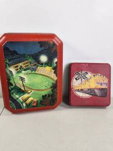 lot 274 image: 2 Tin Lunch Boxes Football Stadium & Fossil Route Train