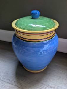 lot 500 image: Pacific Rim Large Ceramic Canister Blue with Green Lid