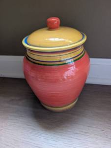 lot 501 image: Pacific Rim Ceramic Medium Canister Orange with Yellow Lid&nbsp