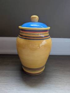 lot 502 image: Pacific Rim Ceramic Small Canister Yellow with Blue Lid