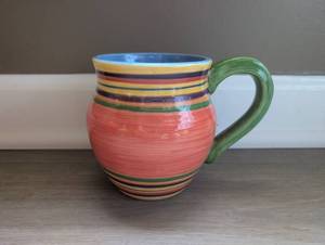 lot 503 image: Pacific Rim Handpainted Orange Mug Multicolor Stripes Green Handle