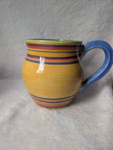 lot 504 image: Pacific Rim Handpainted Yellow Mug Multicolor Stripes Blue Handle