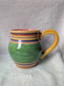 lot 505 image: Pacific Rim Handpainted Green Mug Multicolor Stripes Yellow Handle