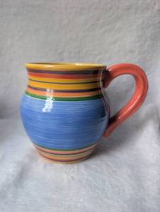 lot 506 image: Pacific Rim Handpainted Blue Mug Multicolor Stripes Orange Handle