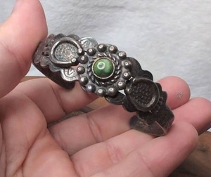 lot 3208 image: Cuff Bracelet with Green Stone Center Detail