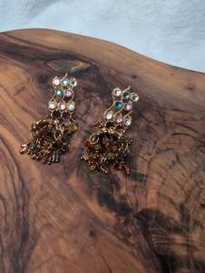 lot 3313 image: Pair of Gold-Tone Chandelier Earrings with Multicolor Stones and Bead Drops