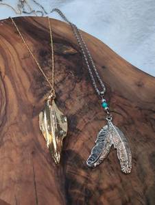 lot 3406 image: Feather Pendant Necklaces 2-Pack Gold Silver with Turquoise Bead