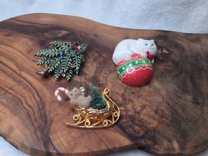 lot 3502 image: Christmas Ornament Lot 3-Piece Set Tree, Cat Sleigh, Candy Cane