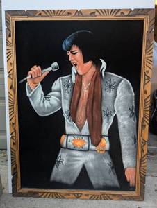 lot 1000 image: Large Framed Velvet Portrait Painting of Elvis Presley - 38.5x28.5 in