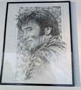 lot 1003 image: Large Framed Elvis Presley Portrait Sketch Drawing Artist Signed 20x16 in