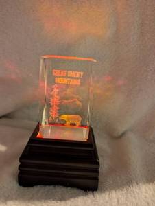 lot 2103 image: Great Smoky Mountains 3D Laser Etched Crystal Block LED Light Display