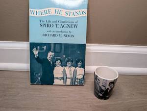 lot 2911 image: Nixon Lot Where He Stands The Life and Convictions of Spiro T. Agnew Book  Nixon and Elvis Shot Glass
