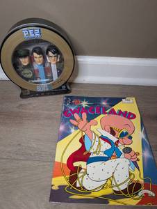 lot 3004 image: PEZ Collectibles Elvis Candy Dispenser Set  Gwaceland Coloring Book