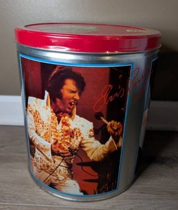 lot 3005 image: Elvis Aloha From Hawaii Collectible Tin Popcorn Container&nbsp