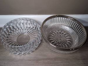 lot 3507 image: 2 Cut Glass Bowls with Sunflower and Diamond Pattern Metal Rim