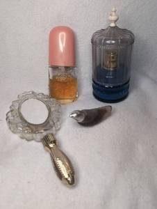 lot 4600 image: Vintage Perfume Spray Bottles Mirror, Decorative Jars, Bird Figurine 4pc