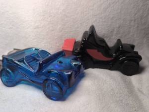 lot 4604 image: Toy Cars Blue Roadster Black Sidecar Vehicle Avon Perfume Bottles - 2 ct