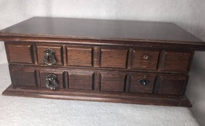 lot 5901 image: Small Two-Drawer Wood Jewelry Box with Mirror and Metal Handles