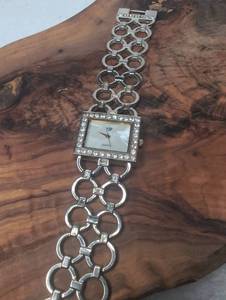lot 6200 image: Square Face Quartz Watch with Rhinestone Bezel and Link Bracelet