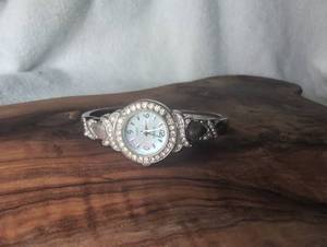 lot 6201 image: Fashion Jewelry & Watches Bangle Watch with Rhinestone Bezel and Black Stones