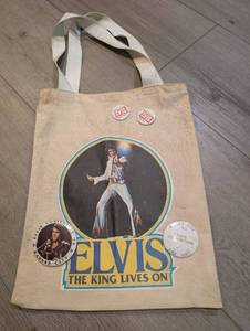 lot 6398 image: Elvis The King Lives On Tote Bag  Kansas City Convention Pins