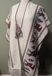 lot 7009 image: Knit Cardigan with Geometric Pattern and Fringe, Red White Navy