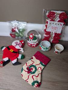 lot 7012 image: Christmas Holiday Decorations Lot Stockings Snow Globe Ornaments Garland