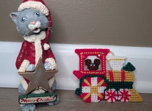 lot 7014 image: 1992 Kurt S. Adler Cat Santa Claus Christmas Figure  Cross-stitch Mouse Train Ornament - 2 Pieces