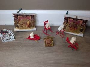 lot 7018 image: Christmas Ornament Lot 9 Pieces Miniature Houses Chairs Bear