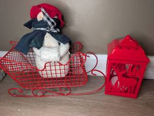 lot 7019 image: Artisan Flair Inc. Snowman  Red Sleigh  Light Up Plastic Lantern Decoration