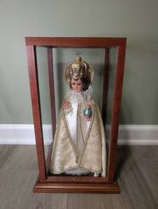 lot 2501 image: Doll in Glass Display Case with Wood Frame