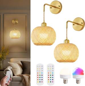 lot 1760 image: Vitnucrol Battery-Operated Wall Sconces, Boho Bamboo Gold, Dimmable, 3 CCT