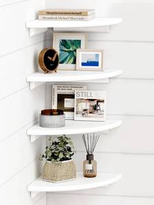lot 1775 image: Forbena White Corner Floating Shelves 4-Pack, Wall Mounted, Rounded Corner