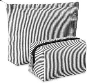 lot 1782 image: Huhumy 2-Piece Makeup Bag Set for Women, Black Striped Seersucker