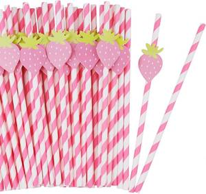 lot 1827 image: 50 Pcs Strawberry Striped Paper Straws, Disposable, 0.24 x 7.76 in
