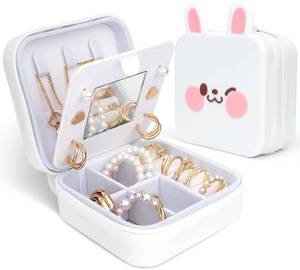 lot 2041 image: Cute Bunny Travel Jewelry Case with Mirror, Silicone Organizer - White