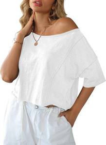 lot 2049 image: LilyCoco Off-Shoulder Crop Top Cotton Asymmetrical Short Sleeve TShirt Large