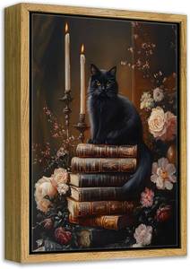 lot 20021 image: Framed Dark Academia Wall Art Black Cat Book Floral Decor 12x16in