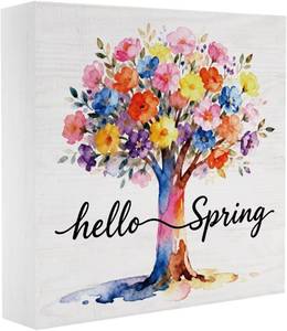 lot 20078 image: Hello Spring Sign Seasonal Flowers Tree Decor, Desk Decorations 5x5 Inch