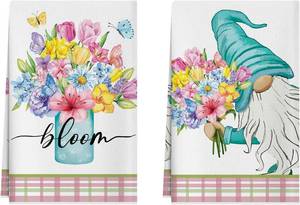 lot 20148 image: XCHI Colorful Flowers Gnome Spring Kitchen Towels 18x26 in, Set of 2
