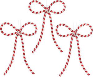 lot 20179 image: 3 Pcs Handmade Rhinestone Candy Cane Bow Christmas Ornaments, Red & Silver