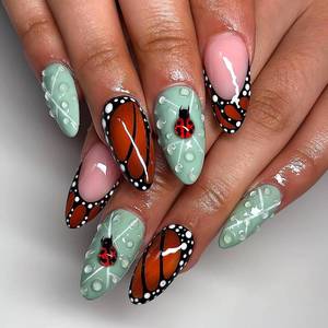lot 20206 image: RUOKEXIN Fall Press-On Nails Almond Brown Butterfly Designs French Tip 24Pcs