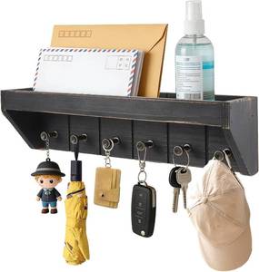 lot 20255 image: Key Holder for Wall with Mail Organizer, 12.8 in, 6 Hooks & Shelf, Black