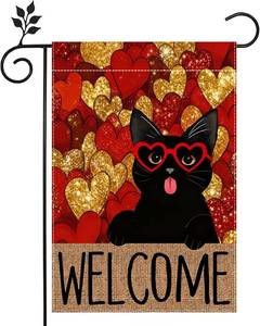 lot 20304 image: Welcome Valentines Garden Flag 12 x 18 in Double-Sided Black Cat Love Hearts