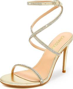 lot 20319 image: CAMSSOO Womens Rhinestone Strappy Heels Open Toe Ankle Strap Sandals 4-In size