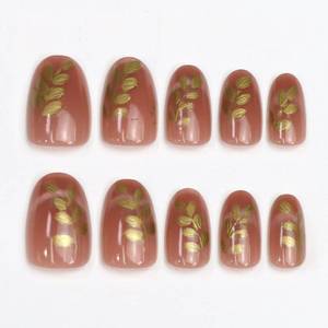 lot 20333 image: Cat Eye Press On Nails, Short Oval Nude Pink 2D Gold Leaves Designs, 24Pcs