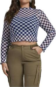 lot 20365 image: WDIRARA Womens Plus Size Checkered Sheer Mesh Tee Long Sleeve Crop Top 2XL