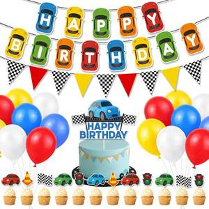 lot 20395 image: Race Car Birthday Decorations with Banner and 24 Balloons, Cake Topper