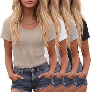 lot 20409 image: 4-Pack Girls Short Sleeve T-Shirts, Scoop Neck, Ribbed Knit, Slim Fit 11-12 yea